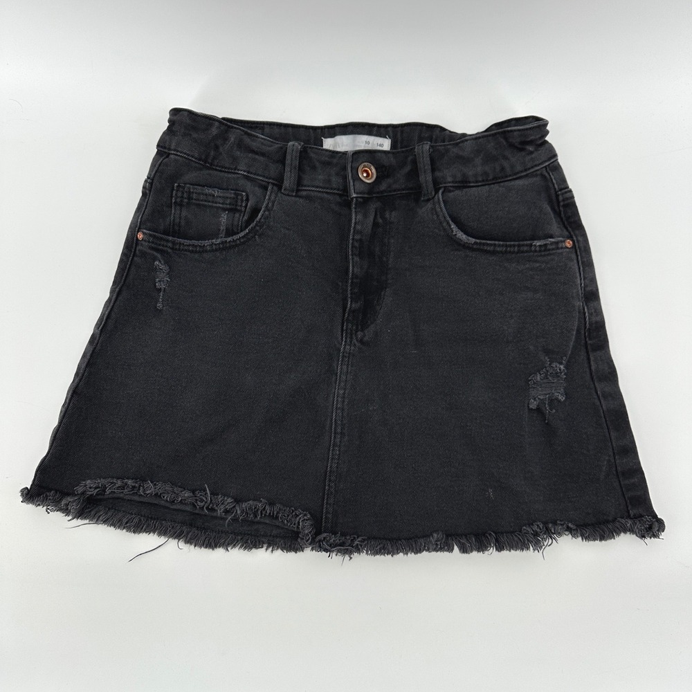 Zara Kids Girls Black Distressed Denim Mini Skirt Frayed Hem Size 10 140